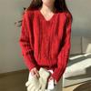 Korean V-neck Cable Knit Pullover Sweater for Women - Autumn/Winter 2025, Loose Fit
