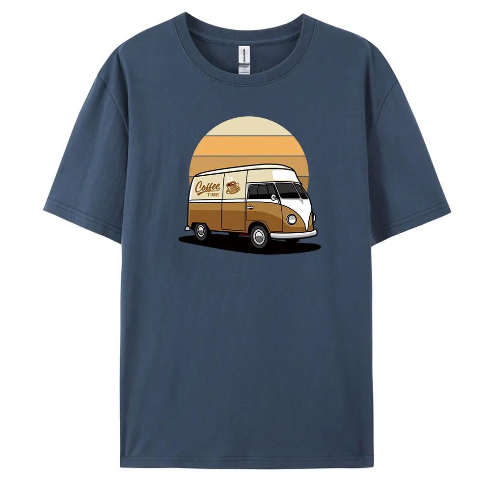 Men's Coffee Bus Pattern Printed 100% Cotton Casual Short-sleeved T-shirt, Street Trend High-quality Top
