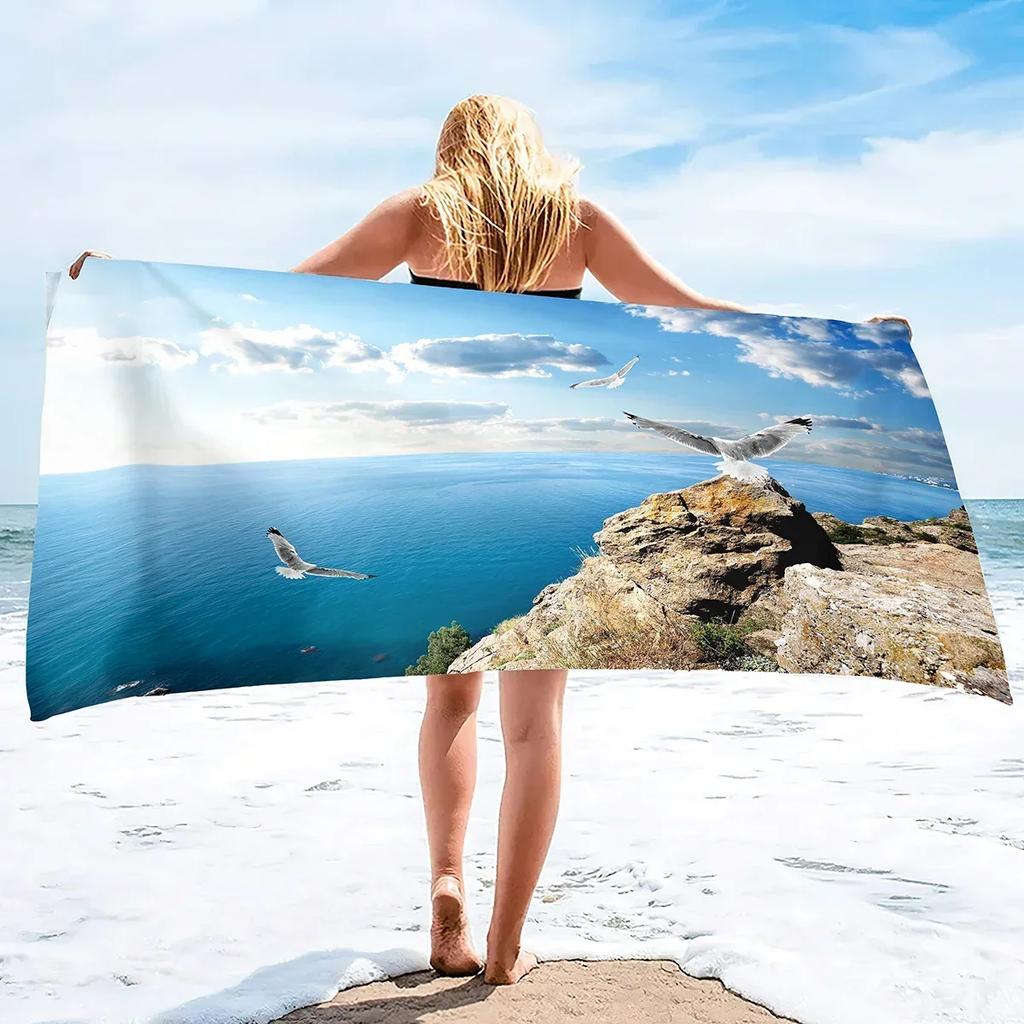 Custom Seagull Beach Towel Ocean Cliff Scenery Print Microfiber Sand Free Quick Dry Soft Travel Pool Accessory