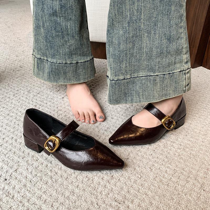Coarse Heel Mary Jane Shoes Women's Spring New Soft Leather Retro One-word Buckle High Heels