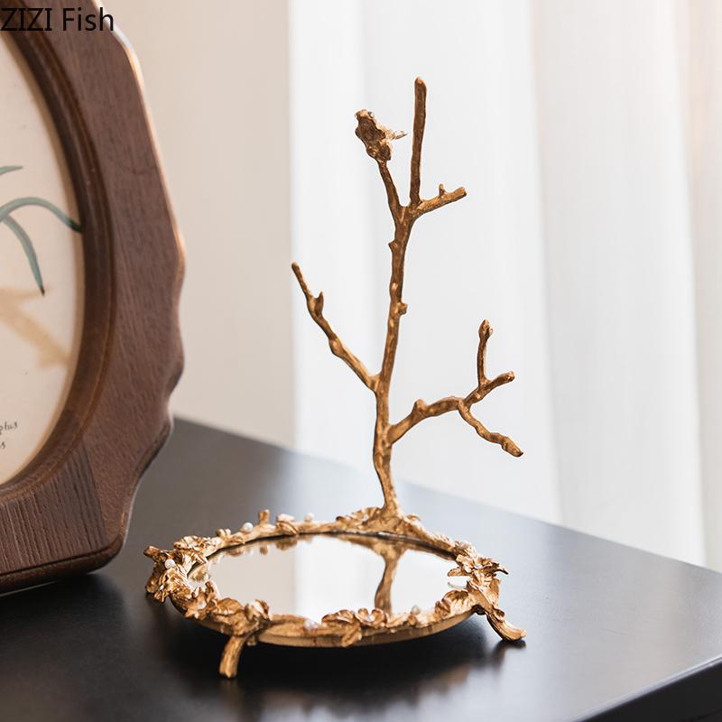 Golden Mirror Glass Tray Decorative Branch Storage Trays Dressing Table Jewelry Necklace Display Plate Cosmetics Organizer