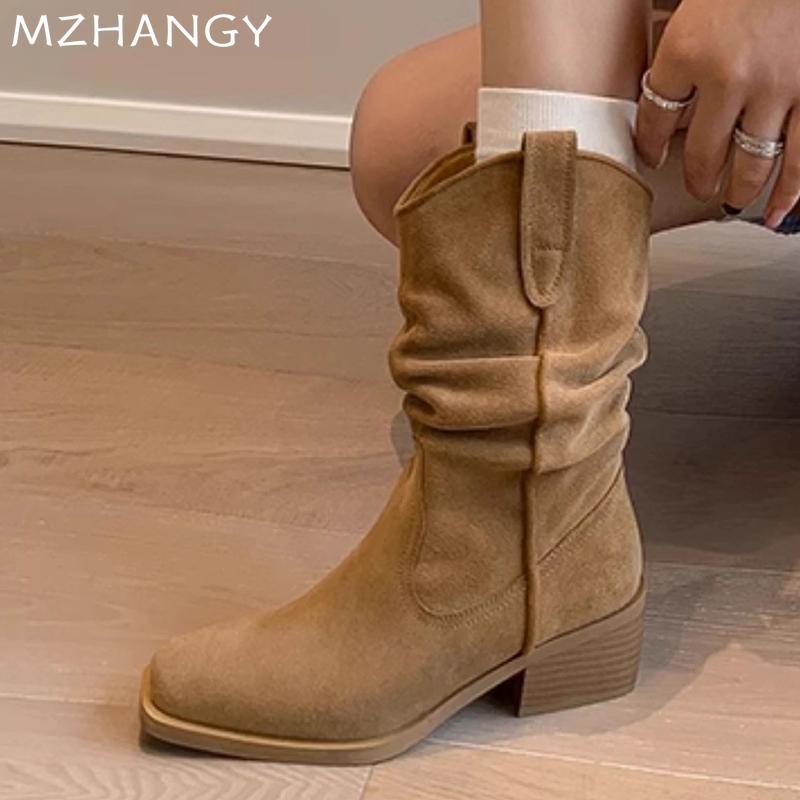 Suede Women Ankle Boots Chunky Fashion Mid Heels Shoes Winter 2024 New Trend Woman Goth Snow Chelsea Short Leather Botas Mujer