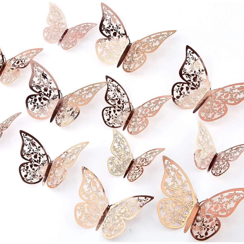 12Pcs 3D Hollow Butterfly Wall Stickers Gold Rose Gold Silver Butterflies Stickers for Wedding Birthday Home Room Decorations
