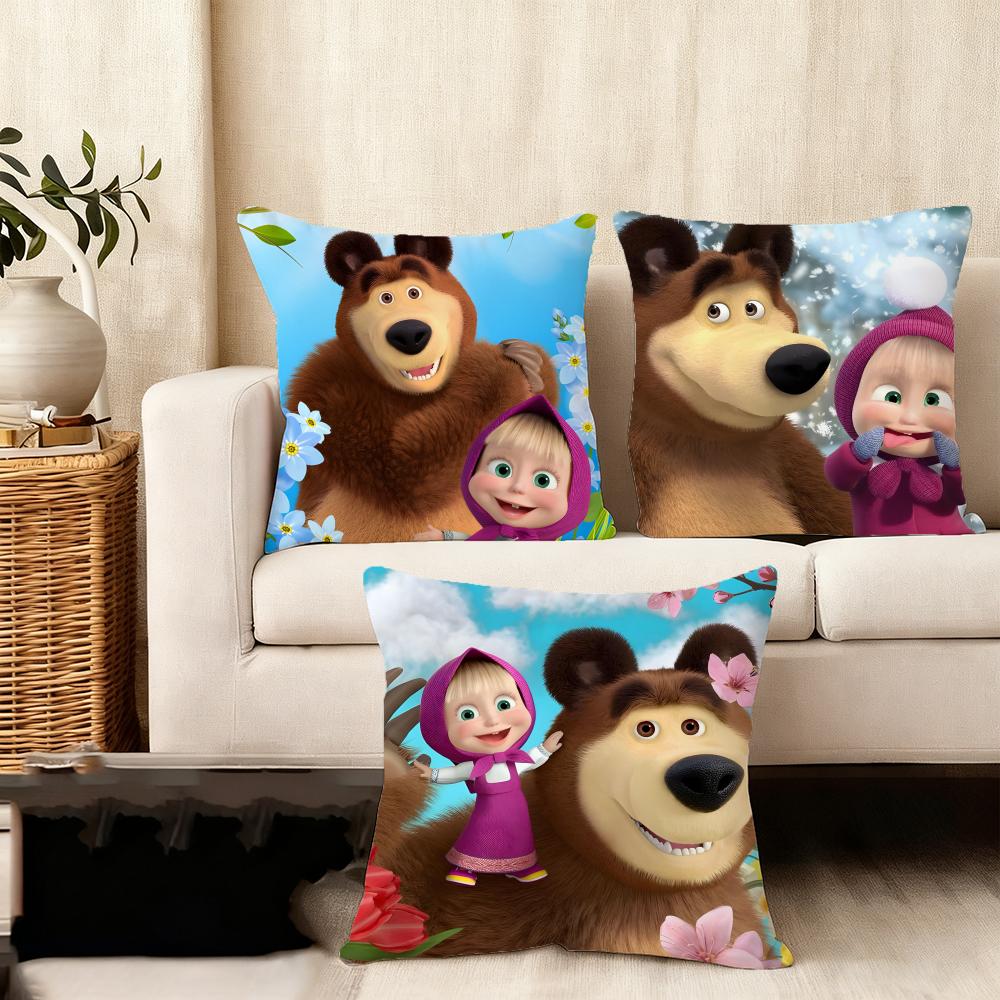 MMasha And The BearR Cartoon Cushion Cover Plush Fabric Soft DoubleSided Printed Sofa Warm Winter Home Child Gift Pillow Case