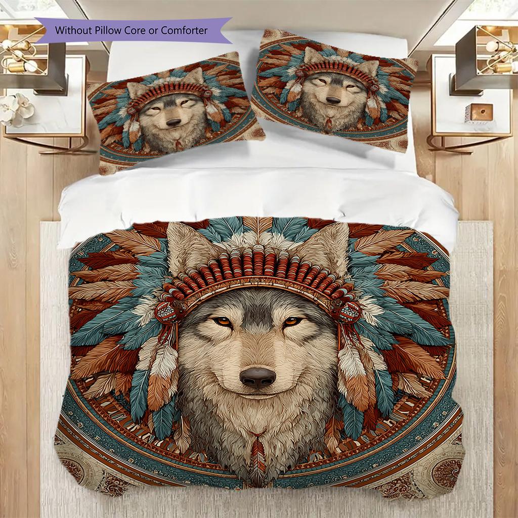 Primitive Wolf Pattern Bedding Quilt Set Quilt Cover Pillowcase Home Decoration Birthday Gift (1 * duvet cover + 2 * pillowcase, without core)