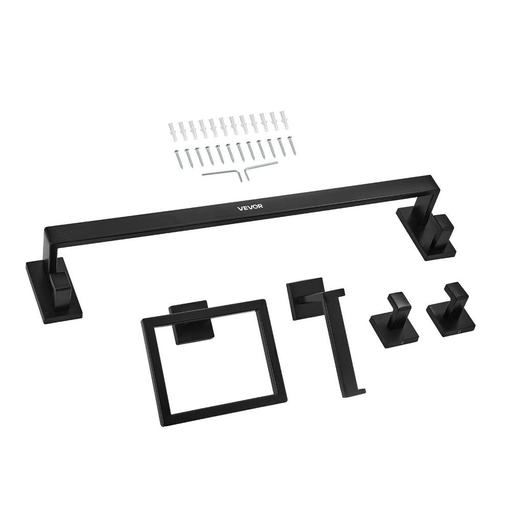 Matte Black Bathroom Hardware Set, 5 Pieces Stainless Steel Bathroom Accessories Set, 24-inch Towel Bar, Towel Rack, 2 Robe Towel Hooks, Toilet Paper
