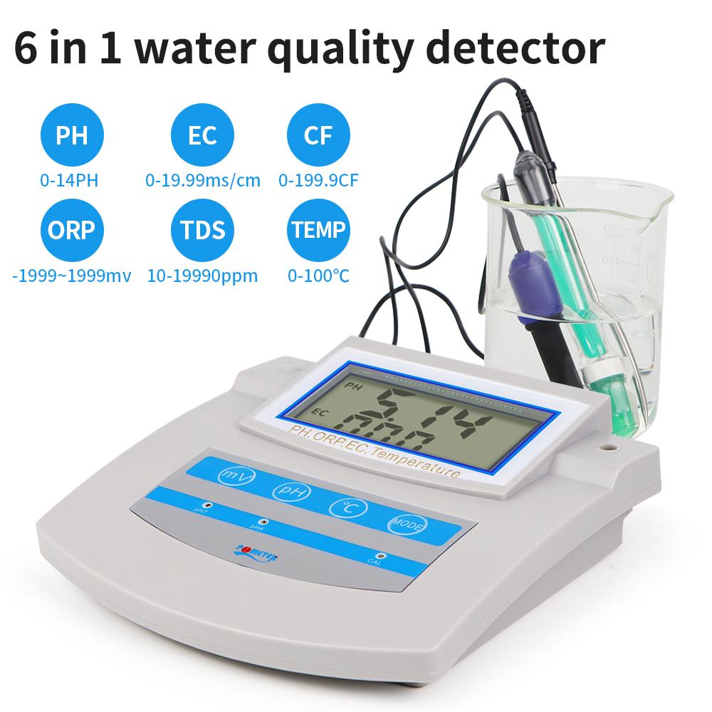 PH ORP TDS EC CF Temperature 6 In 1 PH Meter Water Quality Tester Detector Benchtop Water Analyzer for Laboratory Aquarium Pool