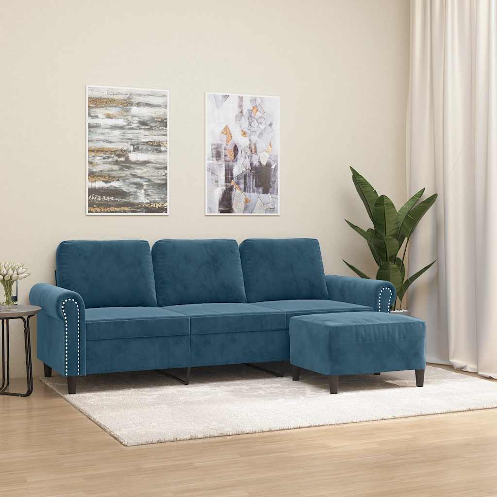 3 Seater Sofa with Footstool Blue 180 cm Velvet