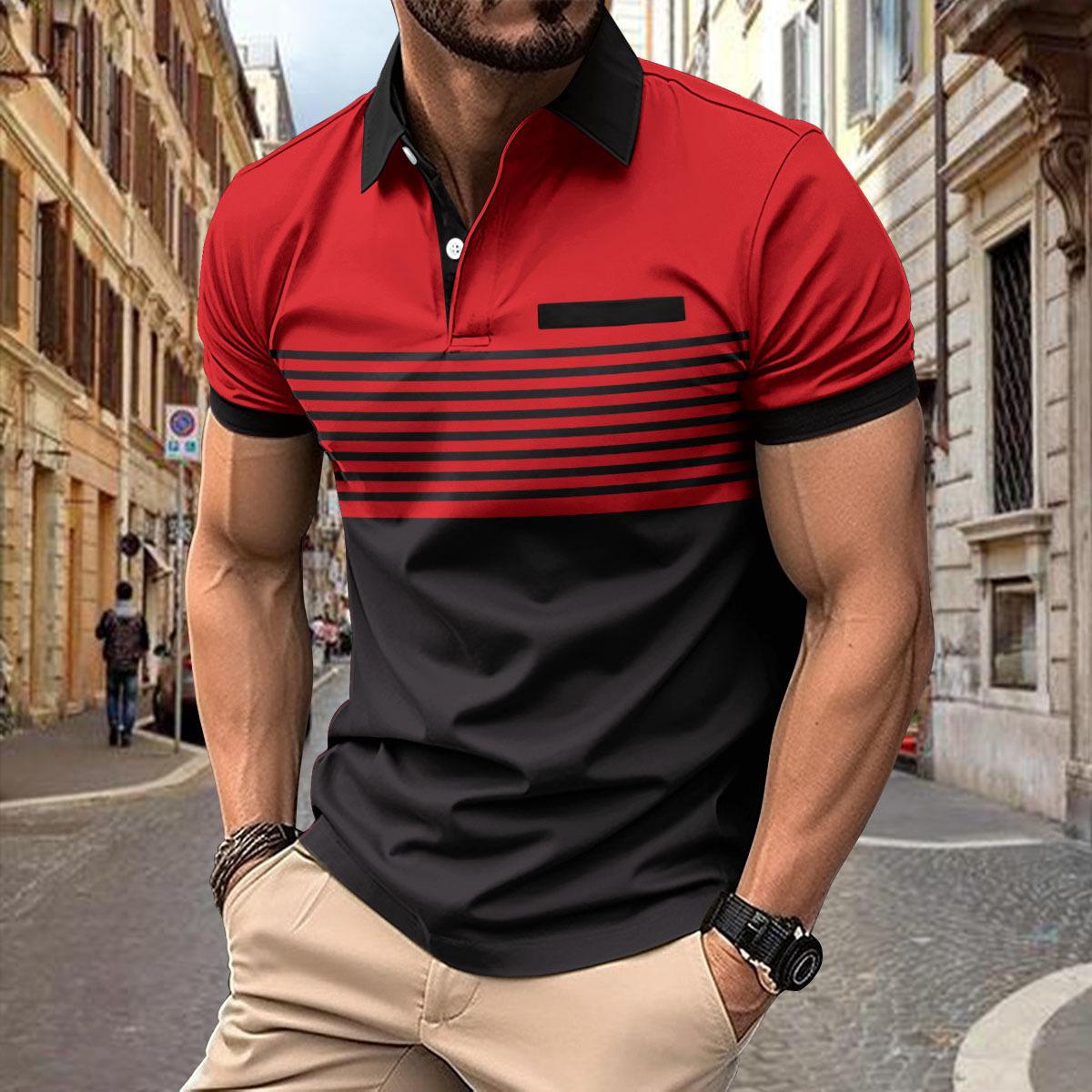 Summer Shirts Zipper Men s Short Sleeve Top Lapel Patchwork Striped Printed Shirt L красный