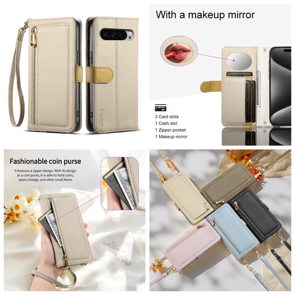 Leather Phone Case for Google Pixel 6-Pixel 9 Series with Coin Pocket, Card Slot, Mirror & Stand – Multiple Colors
