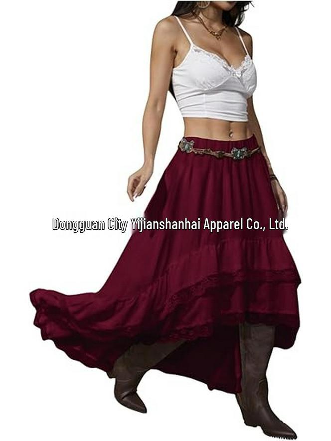 2026 Bohemian Style Printed Waist-Cinched Retro Short Skirt with Elegant Long Lace Design