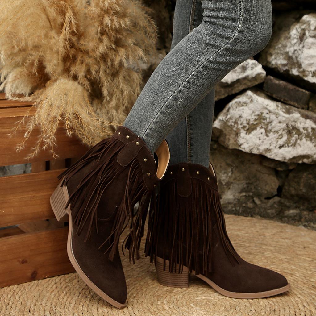 Mode 2025 Herbst Neu Retro Fransen Knöchel Geriebene Stiefel Runde Zehen Quadratische Absätze Seitlicher Reißverschluss Kurze Schuhe Damen Farbe Western Cowboy Stiefel