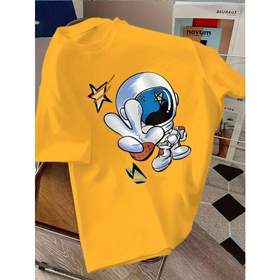 Taglie Europee Girocollo Stampa Astronauta Cartone Animato Manica Corta T-Shirt, Moda Casual Stile Ampio Estate Nuovo Arrivo