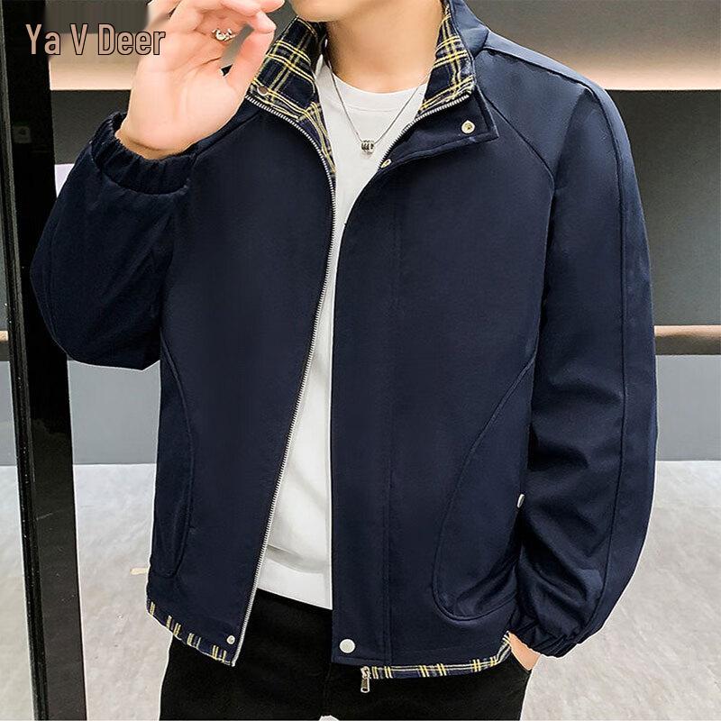 

Yalu Men s Stand Collar Spliced Plaid Casual Jacket XL