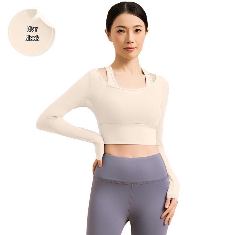 

Персиковый костюм для йоги из двух частей в стиле Ноттингем с сеткой, длинным рукавом, цельный, не требующий бюстгальтера - Идеально подходит для весеннего и осеннего фитнеса S