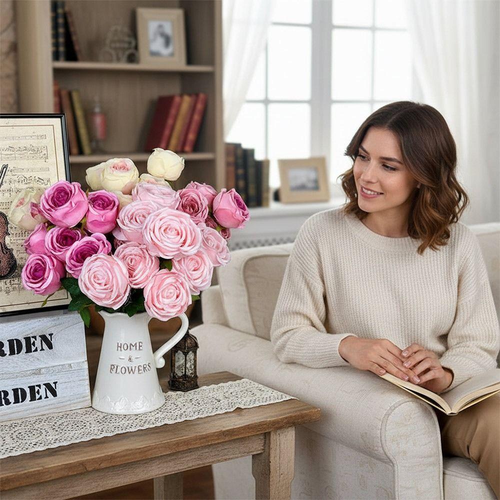 9 Heads Rose Artificial Flowers Multicolor Green Leaves Simulation Flower Rose Silk Petals Scene Landscaping Faux Rose Flower