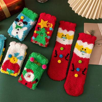 Meias de Dormir Femininas de Lã Coral Bordadas até o Meio da Panturrilha - Grossas, Aconchegantes, Meias de Chão de Inverno para o Natal