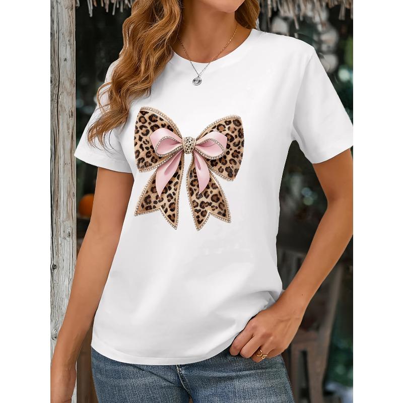 European Size Women's Rhinestone Bow & Leopard Print Short-Sleeve T-Shirt - Sparkling Top with Round Neck, Soft Blouse for Spring Summer Fall Parties