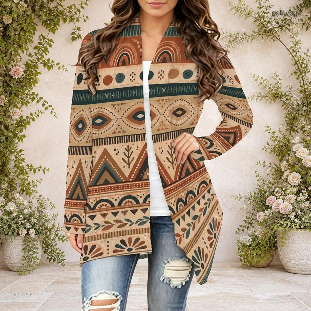 Women s Plus Size Dark Green Printed Draped Collar Long Sleeve Open Front Curved Hem Cardigan