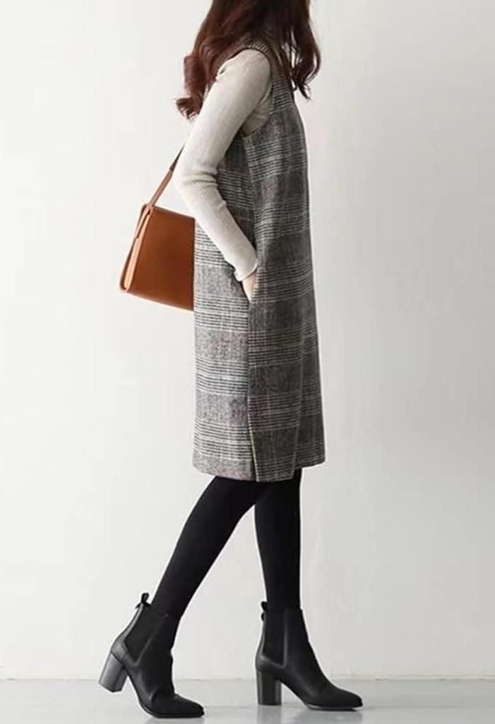 Religeuses Layered Tight Dress with Checkered Sleeveless Long Knit Dress Women's Print, V-Neck, (Medium)