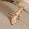 Cowhide light luxury style pointed bow strap with thick heel sandals, versatile for women's commuting