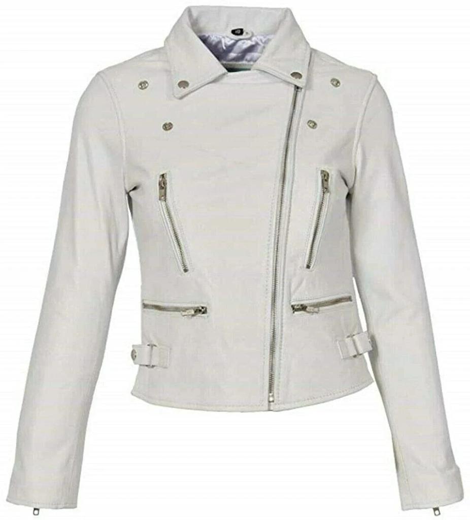 New Women Jacket White Leather Lambskin Handmade Casual Biker Stylish Wear Soft Fit