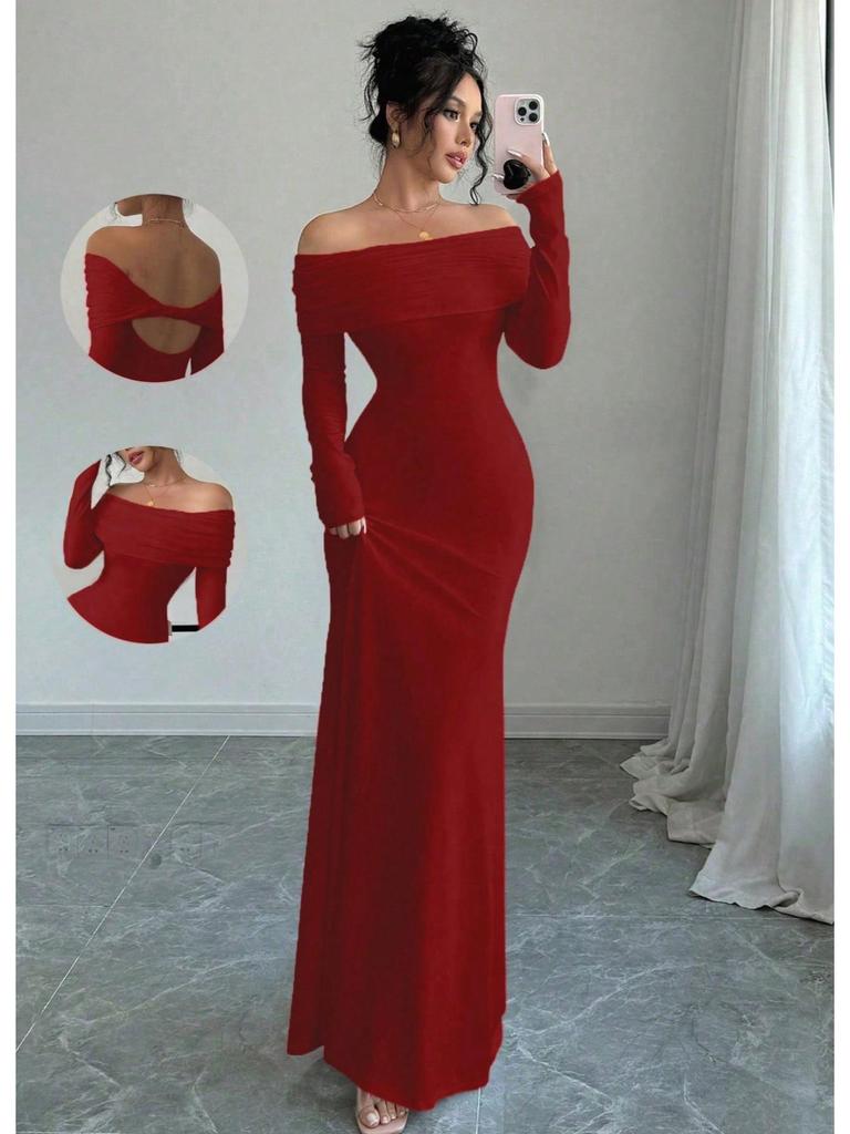 Elegant Women's Off-the-Shoulder Cross Backless Evening Gown