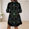 Women Plus Size V Neck Long Sleeve Black Floral Printed Loose Curved Hem Dress