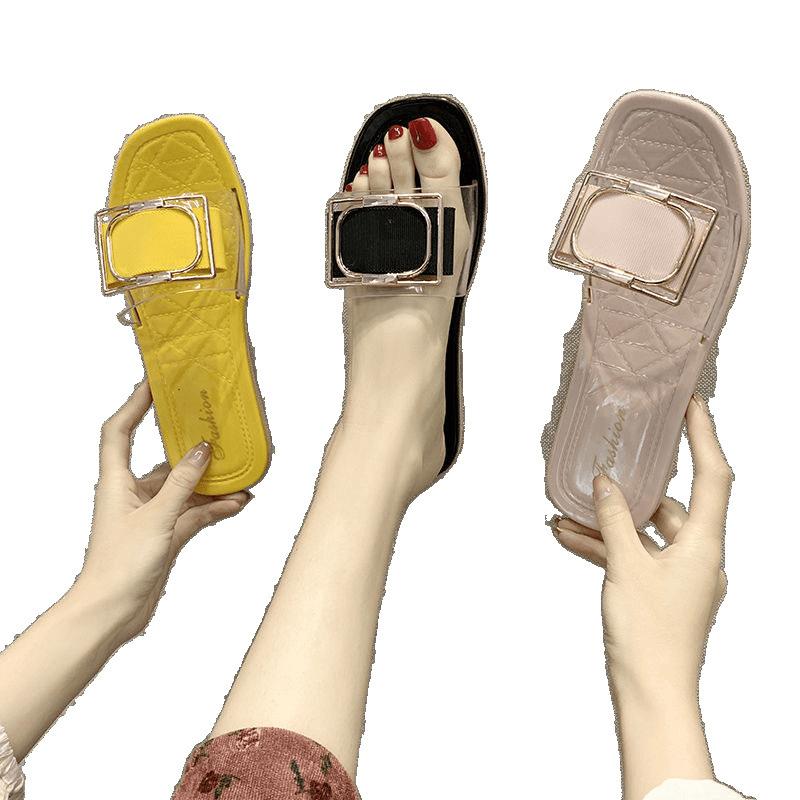 Versatile trend non-slip square buckle slippers women's outer wear summer  fashionable transparent casual and comfortable slippers