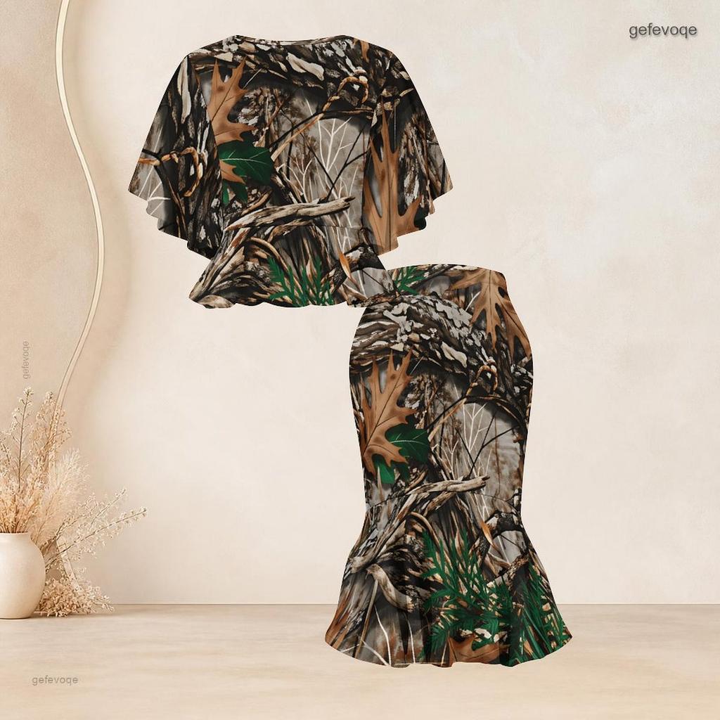 Women Plus Size Camo Printed O Neck Batwing Sleeve Ruffle Hem Top Fishtail Skirt Two Piece Set