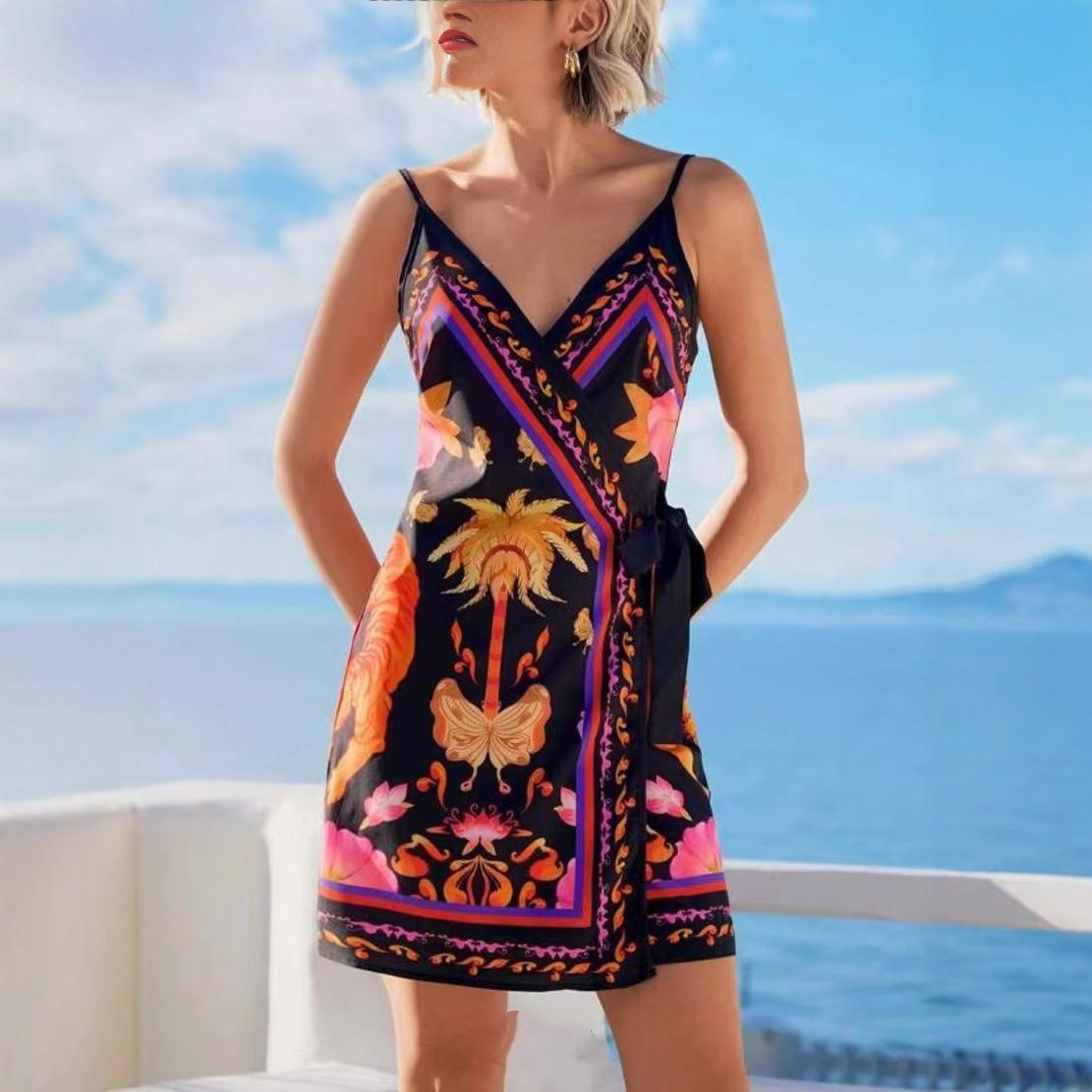 

Floral Print Wrap Dresses for Women, Summer Vacation Sundress with Palm Tree and Butterfly Patterns, Casual Beach Dress XL