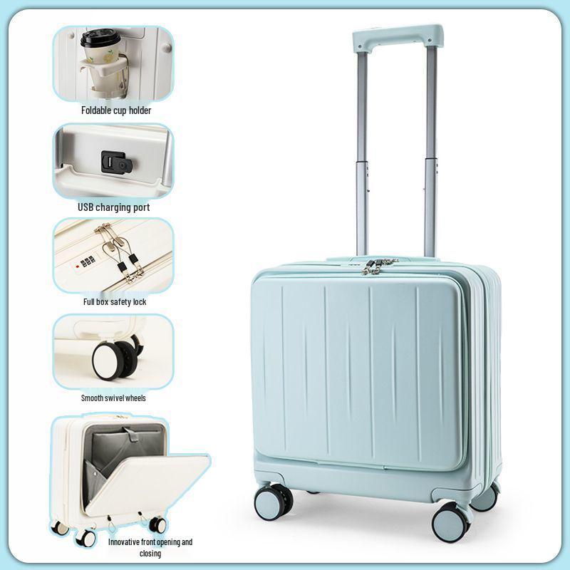 20-inch front-opening trolley case with PC material and password lock.