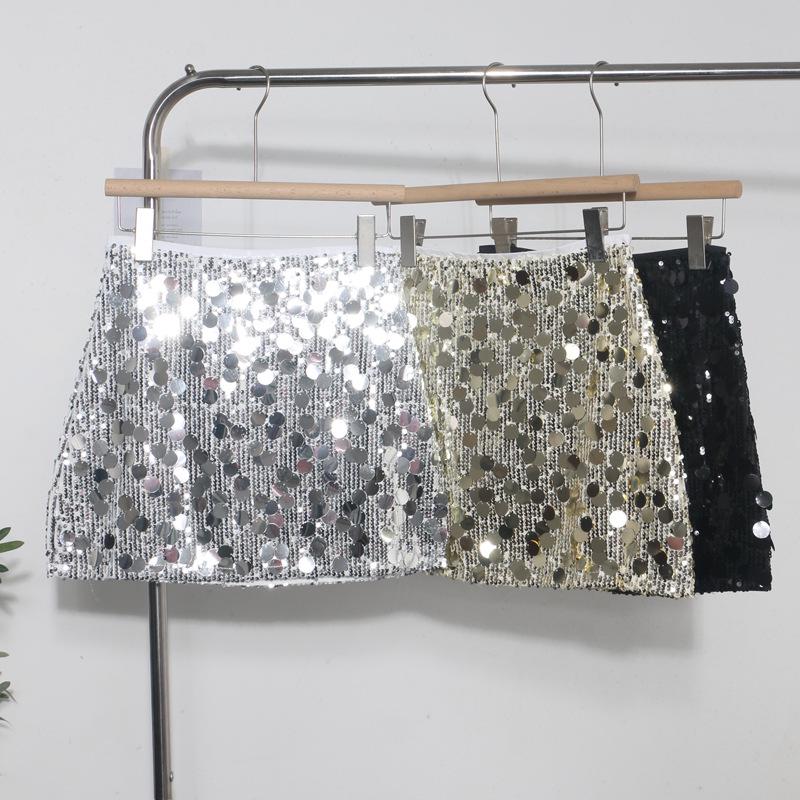 High-End Sequin A-Line Mini Skirt with Anti-Exposure Lining, High Waist, and Slim Fit