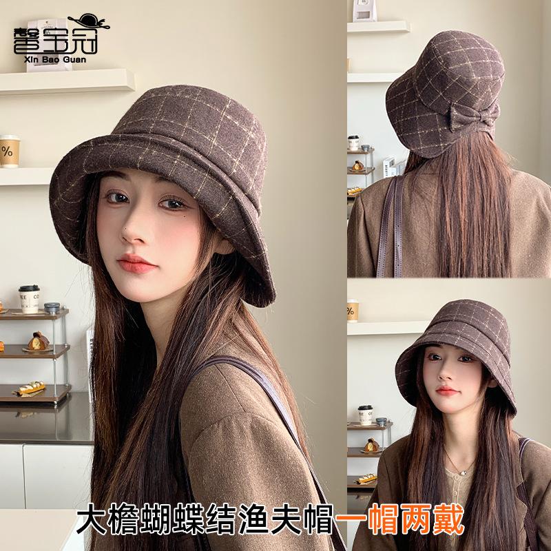Autumn and winter plaid big eaves bucket hat advanced sense bow basin hat temperament versatile show face small hat women