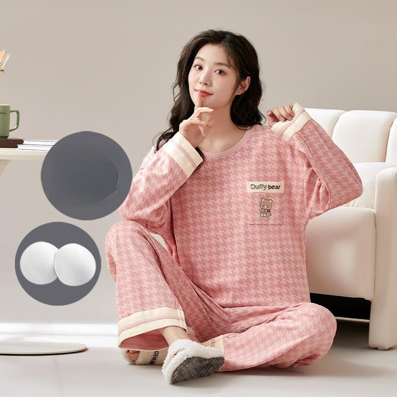New Autumn Pajamas with Chest Pad Women Knitted Cotton Pajama Set Homewear Pijama Mujer Long Sleeve Casual Soft Female Sleepwear