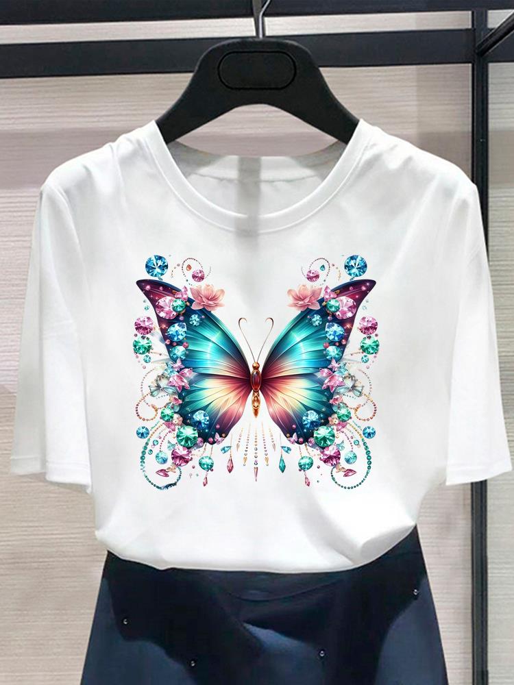 (Asian Size) Butterfly Style Cute Women's Top Print O-neck Casual T  Fashion Female Clothing Graphic Tee Short Sleeve T-shirts