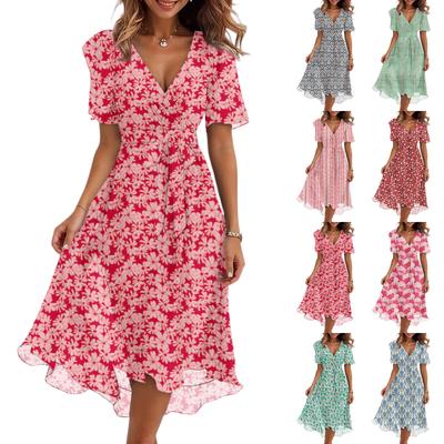 Damenmode Lässig V-Ausschnitt Kurzarm Rüschen Vintage Bedruckte Kleider
