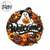 Fall Wall Hanging Ornament Halloween Pumpkin Ghost Wooden Welcome Door Hanger Sign, Cute with Bell Theme Plaque Rope, Decor for Indoor Outdoor