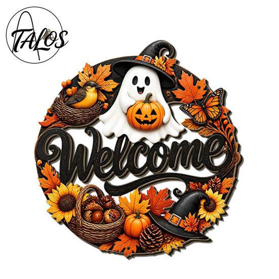 Fall Wall Hanging Ornament Halloween Pumpkin Ghost Wooden Welcome Door Hanger Sign, Cute with Bell Theme Plaque Rope, Decor for Indoor Outdoor