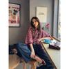 Women Loose Fit Crew Neck 3 4 Sleeve Striped Knit Sweater