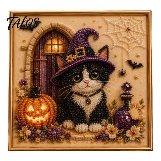 Creative Gifts for Cat Lovers Halloween Witch Hat DIY 3D Pearl Painting Kit with Frame, Hand-Pasted Art Craft Adults, Relaxing Handcrafted Living Room