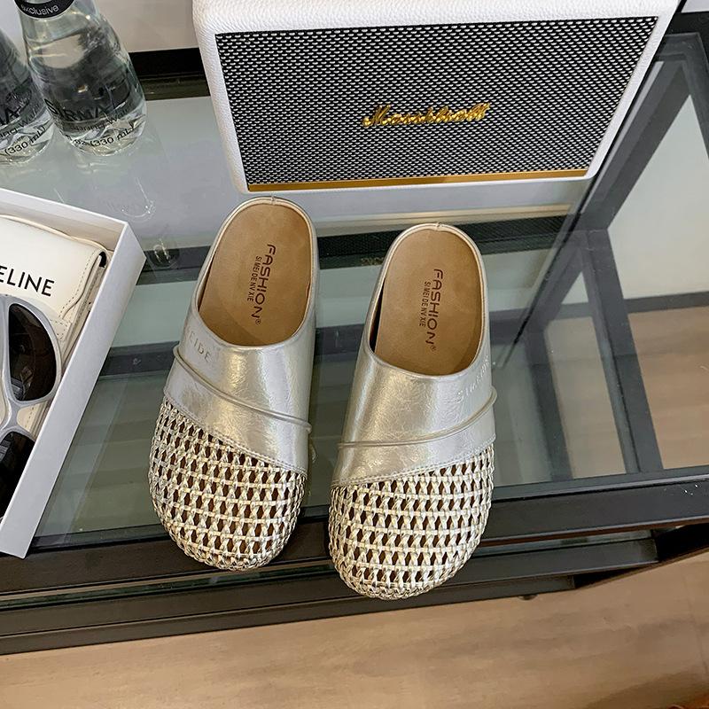 

Thick-soled bag head slippers women s summer outer wear 2025 new imitation leather inner height increase hollow woven one-pedal slippers 35