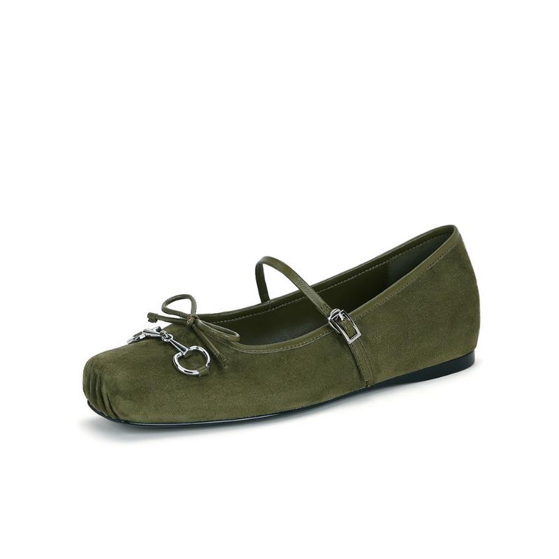Sheepskin version~ Horse buckle pig nose single shoes bow flat ballet shoes women's Mary Jane shoes