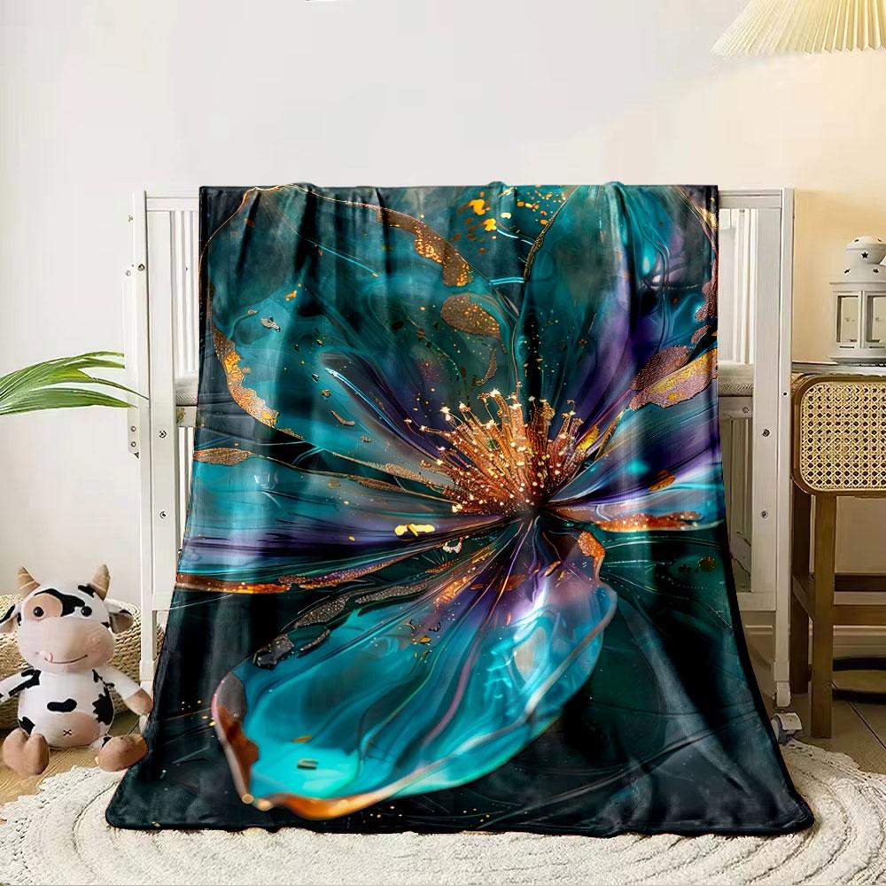 Glowing abstract flower with metallic teal petals and golden accents. for all seasons blanket lunch break throw gift