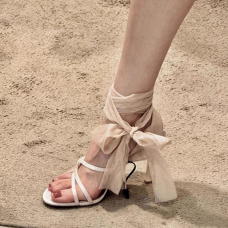 Fairy style elegant tulle cross-strap high heels female 2025 new round head open-toed stiletto Roman sandals