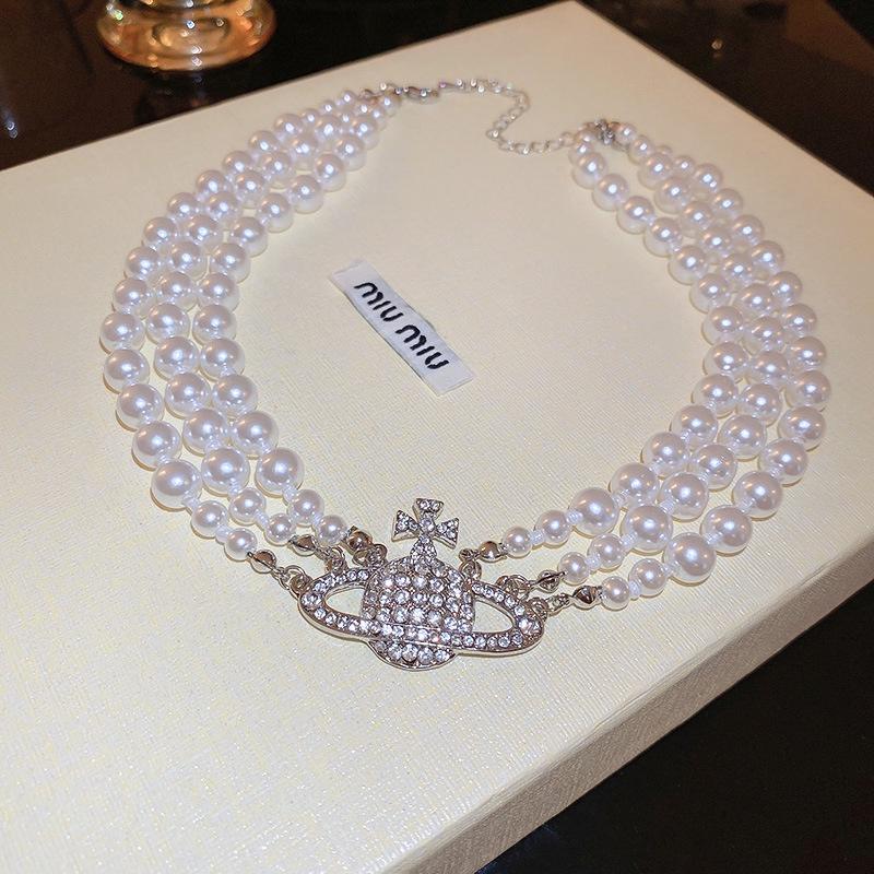 Saturn Luxurious Alloy Planet Orb Faux Diamond Pearl Women Choker Necklace