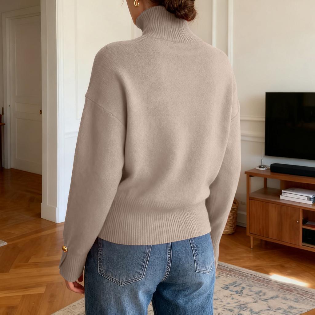 Women's Loose Comfortable Casual Fashion Knit Sweater With Buttons And High Neck