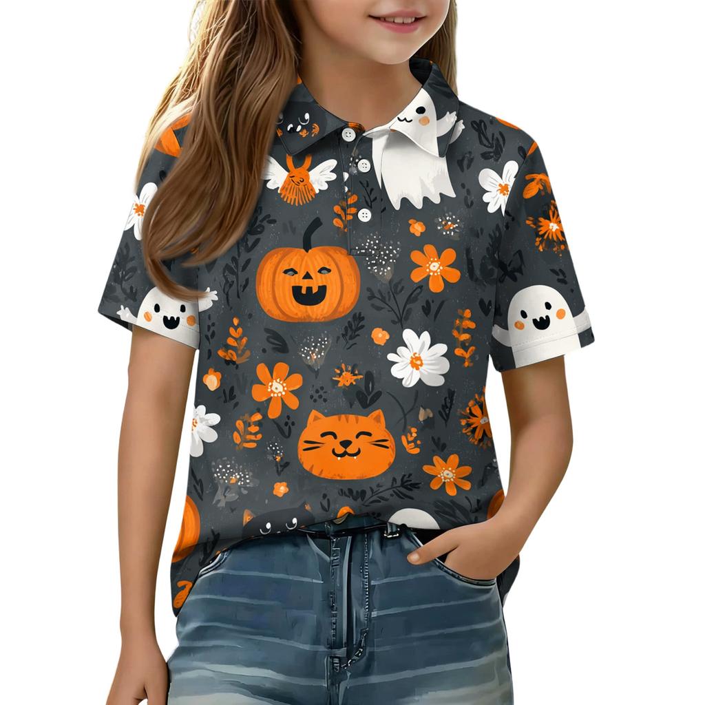 Kids Halloween Print Polo Shirt Short Sleeve Casual Tee Top with Button Collar for Boys Girls Comfortable Fit
