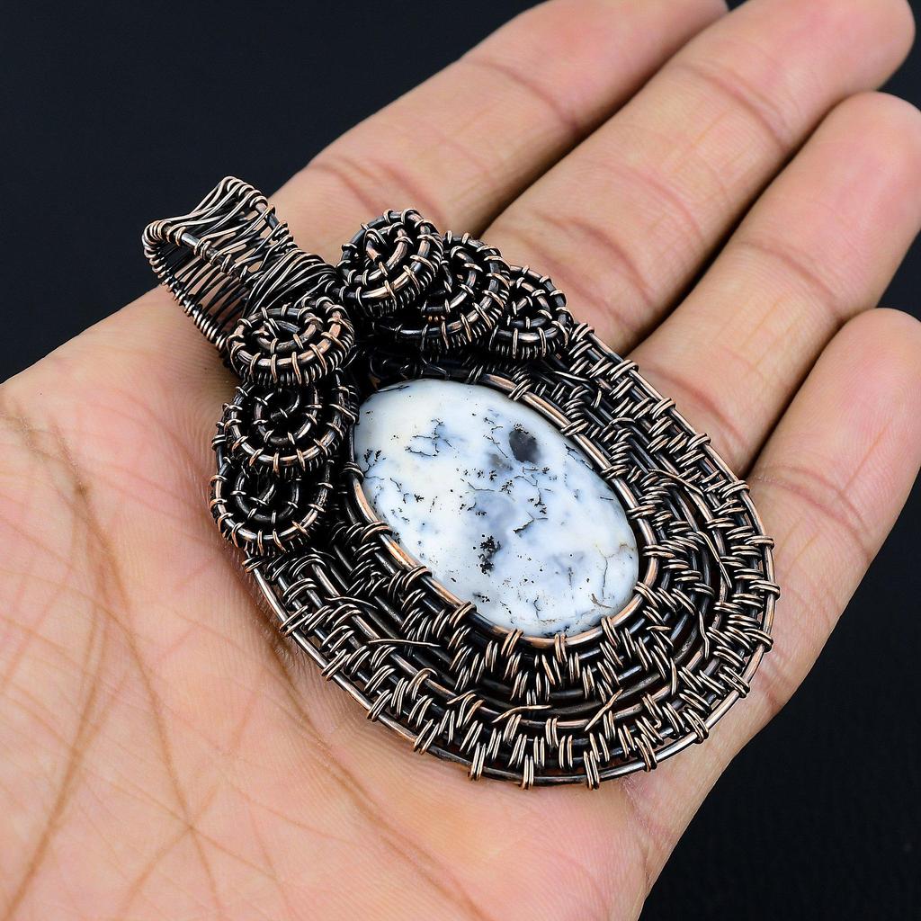 Dendrite Opal 999 Copper Wire Wrapped Pendant, Handmade Gemstone Jewelry Pendant Gift For Birthday