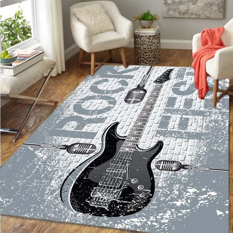 Rock Music Theme Non-Slip Rug, Guitar and Microphone Print Floor Mat for Living Room Bedroom Modern Home Decor